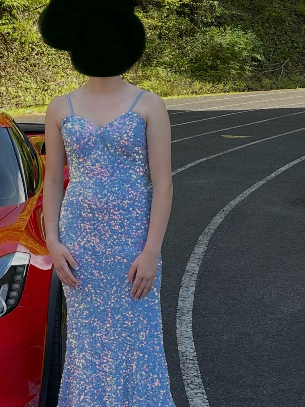 Portia and Scarlett Light Blue Iridescent Sequin Prom Gown